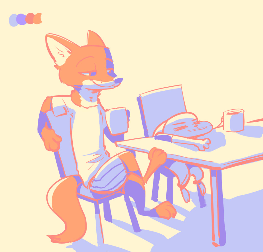 2019 ambiguous_gender anthro canid canine clothed clothing coffee_cup color_swatch crossed_legs disney duo fox fuel_(artist) half-closed_eyes hi_res holding_object judy_hopps lagomorph male mammal nick_wilde rabbit red_fox restricted_palette simple_background sitting smile table white_background zootopia