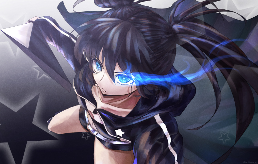 1girl black_bikini_top black_coat black_hair black_rock_shooter black_rock_shooter_(character) black_shorts blue_eyes breasts burning_eye cleavage coat collarbone from_above hair_between_eyes highres hood hood_down hooded_coat long_hair midriff navel open_clothes open_coat short_shorts shorts small_breasts solo stomach twintails w-moz9-w