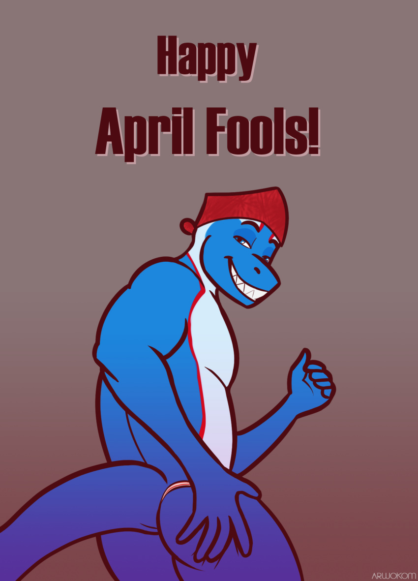 anthro april_fools arwokom bandanna butt butt_pose clothed clothing cosplay flexing hand_on_butt hi_res looking_at_viewer male meme partially_clothed ricardo_milos scalie solo