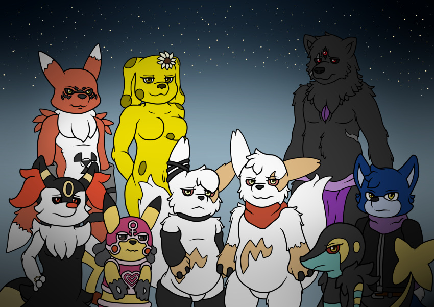 amy_the_zangoose anthro bandanna braixen canid canine canis clothing costume cuntboy digimon digimon_(species) digital_media_(artwork) domestic_dog fak&eacute;mon fan_character female flower group guilnamon hi_res hotaru_the_guilnamon hybrid intersex kagen_the_wolf lucachu lydia_the_snitra male mammal nintendo plant pok&eacute;mon pok&eacute;mon_(species) ray_the_zangoose ray_van_siegheart renamon scar snitra sonic_(series) spyre_the_braixen venus_the_lucachu video_games wildwolfproduction wolf yellow_the_doge zangoose