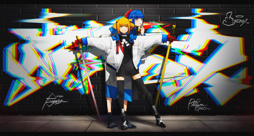 2girls absurdres bangs black_legwear blonde_hair blue_eyes blue_hair blunt_bangs bow chromatic_aberration double_middle_finger fashion gloves graffiti hair_bow highres hime_cut holding holding_sword holding_weapon jacket katana letterboxed looking_at_viewer middle_finger multiple_girls neckerchief open_clothes open_jacket pipimi poptepipic popuko red_bow red_gloves ryoga scabbard sheath shoes_removed sidelocks sword thighhighs two_side_up weapon zettai_ryouiki