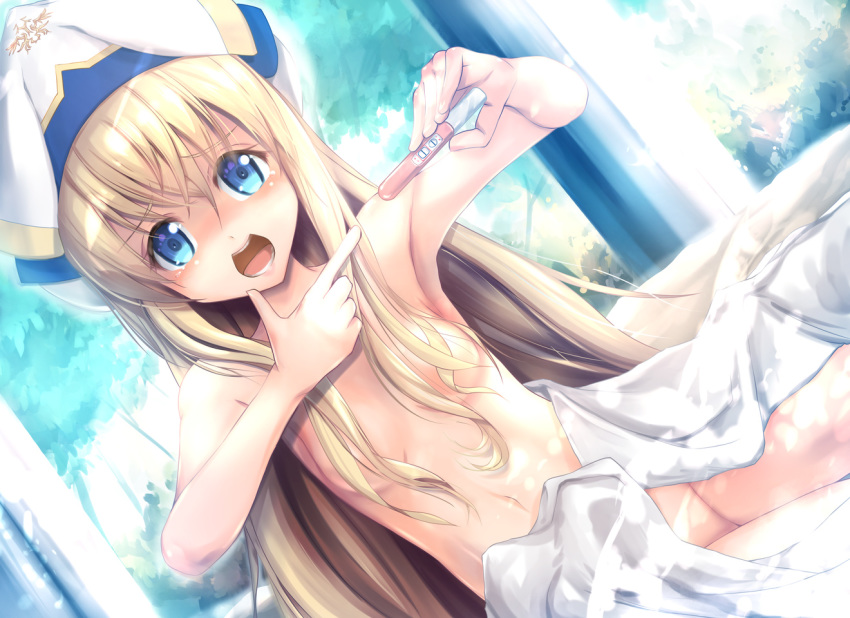 1girl armpits bangs bed_sheet blonde_hair blue_eyes blush breasts commentary_request eyebrows_visible_through_hair gc3 goblin_slayer! hair_censor hair_over_breasts hat long_hair looking_at_viewer navel nude open_mouth pointing pregnancy_test priestess_(goblin_slayer!) sitting small_breasts solo white_headwear