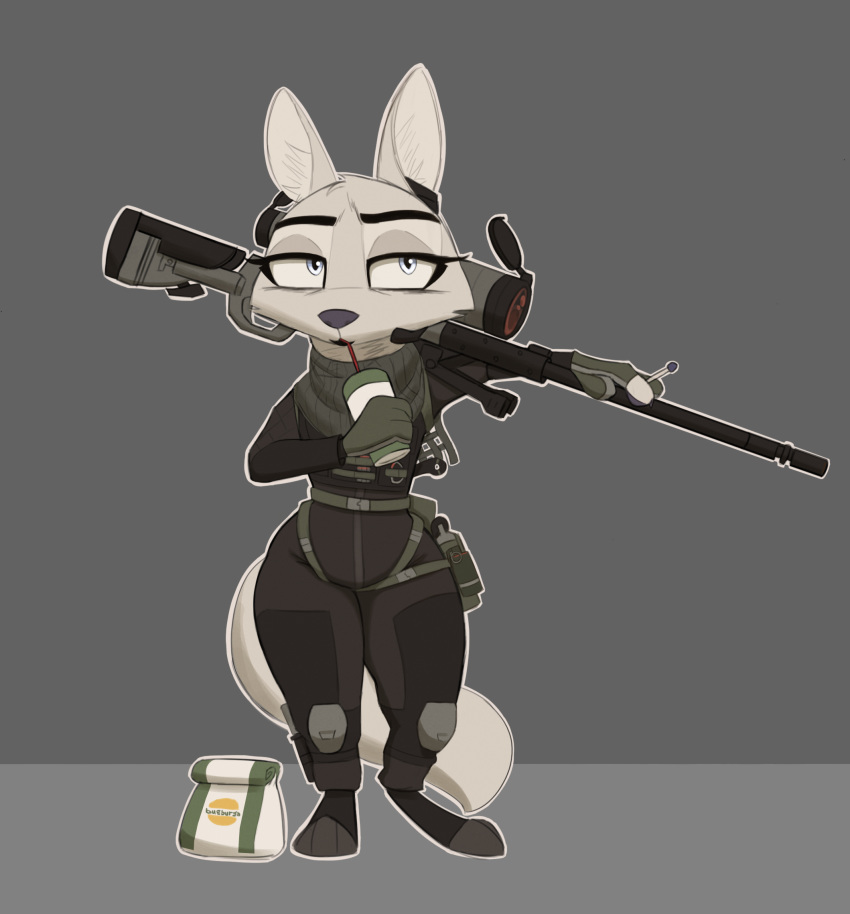 2019 anthro arctic_fox bag belt blue_eyes bulletproof_vest canid canine cheek_tuft clothed clothing disney disposable_cup drinking english_text fast_food female fox grey_background gun handgun hi_res holding_object holster knee_pads knife mammal match paper_bag ranged_weapon rifle scarf scope simple_background skye_(zootopia) sniper_rifle standing straps straw text tuft weapon yitexity zootopia