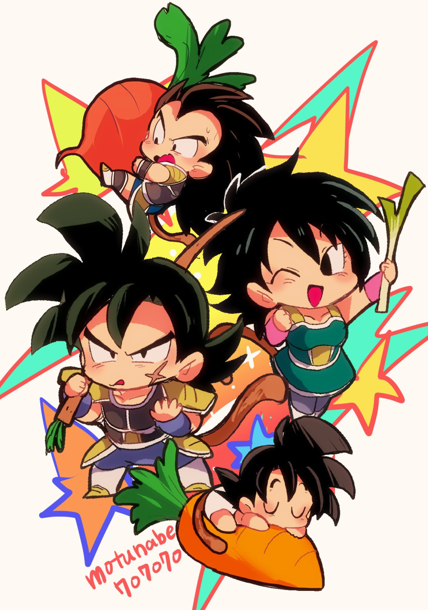 1girl 3boys ;d armor baby bardock beige_background black_eyes black_hair brothers burdock_root carrot carrying chibi d: diaper dragon_ball dragon_ball_super_broly eyes_closed family father_and_son food frown gine happy highres holding looking_at_viewer mother_and_son motunabe707070 multiple_boys nervous one_eye_closed open_mouth radish raditz scar serious siblings simple_background sleeping smile son_gokuu spiked_hair spring_onion star sweatdrop twitter_username vegetable wavy_mouth wristband