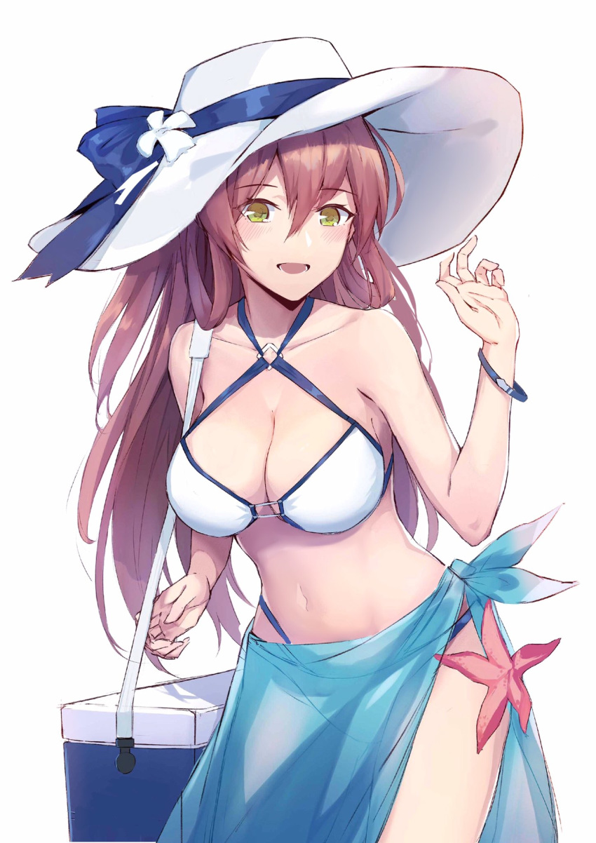1girl bikini blush bracelet breasts brown_hair cleavage collarbone commentary commentary_request cowboy_shot criss-cross_halter eyebrows eyebrows_visible_through_hair flower girls_frontline green_eyes hair_between_eyes halterneck hat highres jewelry jhcrow3 large_breasts long_hair looking_at_viewer m1903_springfield_(girls_frontline) navel sarong simple_background solo sun_hat swimsuit