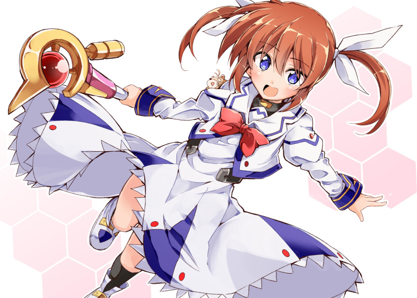 1girl :d bibi black_legwear blush boots brown_hair commentary_request dress ferret looking_at_viewer lyrical_nanoha mahou_shoujo_lyrical_nanoha open_mouth purple_eyes raising_heart sidelocks smile takamachi_nanoha twintails white_dress yuuno_scrya