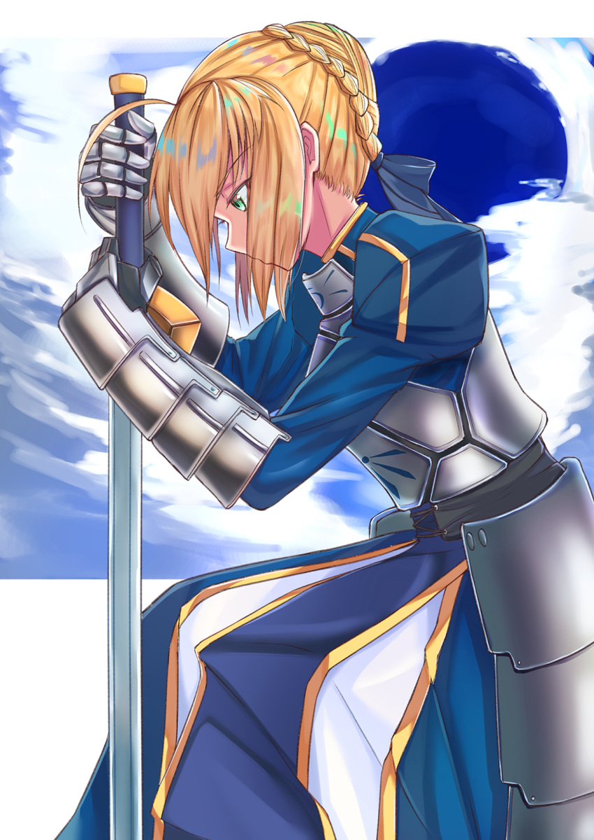 1girl armor armored_dress artoria_pendragon_(all) black_bow blonde_hair blue_dress bow braided_bun dress excalibur fate/stay_night fate_(series) faulds from_side gauntlets green_eyes hair_bow highres holding holding_sword holding_weapon one_knee saber short_hair solo sword tapioka_(oekakitapioka) weapon