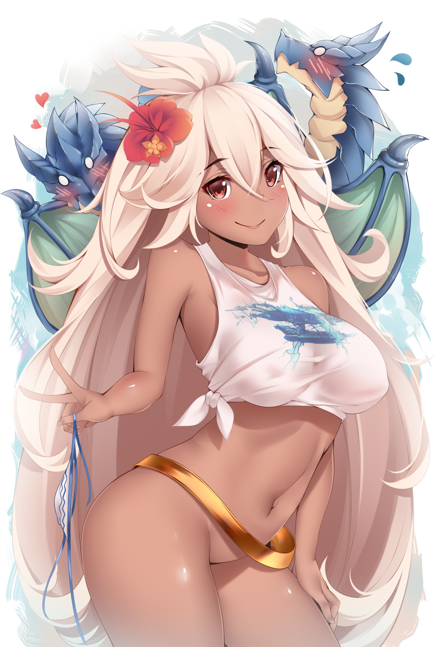 1girl absurdres ahoge arched_back artist_name belt bikini_bottom_removed blush bottomless breasts censored closed_mouth contrapposto cowboy_shot dark_skin dragon eyebrows_visible_through_hair flower flying_sweatdrops granblue_fantasy hair_between_eyes hair_flaps hair_flower hair_ornament hand_on_own_thigh heart heart_censor highres impossible_clothes impossible_shirt kanachirou large_breasts light_brown_hair long_hair looking_at_viewer navel o_o paid_reward patreon_reward red_eyes shirt smile solo standing taut_clothes taut_shirt tied_shirt v very_long_hair zooey_(granblue_fantasy)