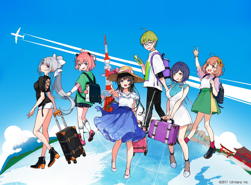 1boy 5girls ahoge aircraft airplane back_cutout backpack bag bangs black_backpack black_footwear black_hair black_pants black_shirt blue_eyes blue_hair blue_skirt blue_sky blue_sweater blush bow commentary condensation_trail dress from_behind from_side full_body glasses globe green_eyes green_hair green_skirt hair_bow hair_ornament hairclip hand_up high_heels highres higuchi_kaede honma_himawari long_hair looking_at_another looking_at_viewer looking_back luggage mountain multiple_girls nijisanji official_art onsen open_mouth orange_hair pants parted_lips pink_eyes pink_footwear pink_hair pink_legwear plaid plaid_skirt pleated_skirt pointing polka_dot purple_backpack purple_eyes randoseru ribbed_sweater sasaki_saku see-through shibuya_hajime shirt shizuka_rin short_hair short_sleeves shorts shrine silver_hair skin_fang skirt sky sleeveless smile socks standing suitcase sweater t-shirt tokyo_tower torii tsukino_mito very_long_hair virtual_youtuber walking watermark white_bow white_dress white_footwear white_legwear white_shirt white_shorts yellow_eyes yuu_(higashi_no_penguin)