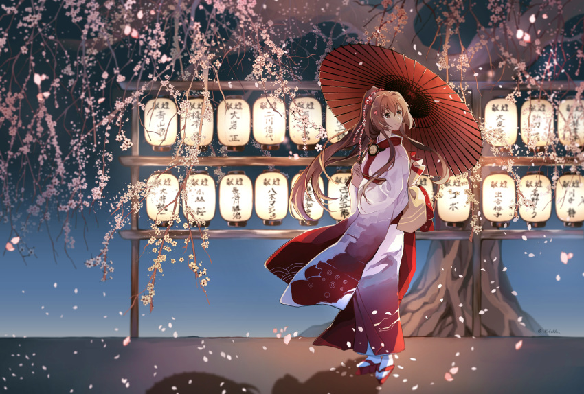 1girl absurdres brown_eyes brown_hair cherry_blossoms flower full_body geta hair_flower hair_ornament highres holding holding_umbrella japanese_clothes kantai_collection kimono kocona lantern long_hair multicolored multicolored_clothes multicolored_kimono obi oriental_umbrella paper_lantern petals pink_flower ponytail red_kimono red_umbrella sash solo standing tabi tree tree_branch umbrella very_long_hair white_kimono white_legwear wide_sleeves yamato_(kantai_collection)