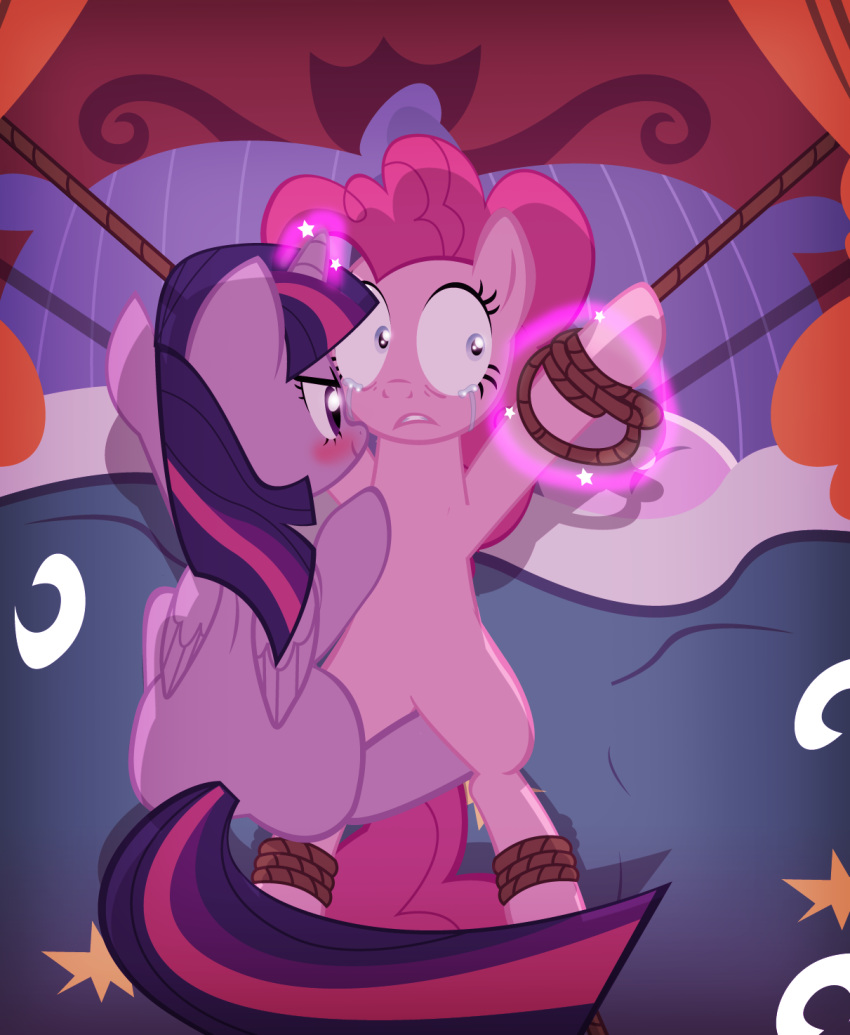 bdsm bed bird's-eye_view blush bond bondage bound crying equid equine female female/female feral friendship_is_magic hi_res high-angle_view horn horse lying magic mammal my_little_pony on_back pinkie_pie_(mlp) pony radiantrealm restrained scared tears twilight_sparkle_(mlp) wide_eyed winged_unicorn wings