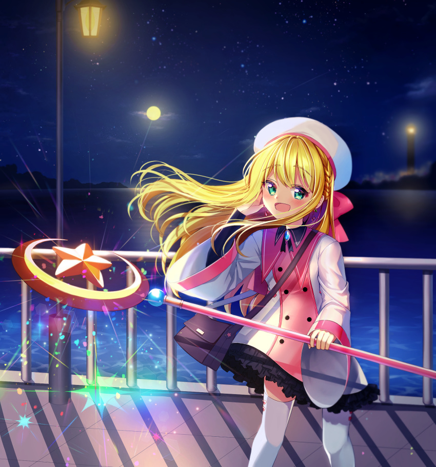 1girl :d bag bangs beret blonde_hair blush braid character_request cloud commentary_request crescent dress earrings eyebrows_visible_through_hair fingernails frilled_dress frills full_moon green_eyes hair_between_eyes hat highres holding holding_staff horizon idolmaster idolmaster_cinderella_girls jewelry lamppost lighthouse long_hair long_sleeves mamel_27 moon night night_sky ocean open_mouth outdoors railing shoulder_bag sky smile solo staff standing star star_(sky) starry_sky thighhighs very_long_hair water white_dress white_headwear white_legwear wide_sleeves