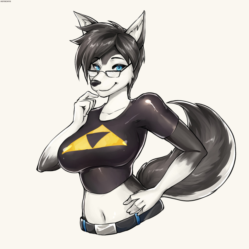 2019 5_fingers anthro belt big_breasts black_fur black_hair black_nose blue_eyes breasts canid canine canis chloe_lockhart_(lildredre) clothed clothing digital_media_(artwork) domestic_dog eyewear female fur glasses hair hi_res hotbento husky looking_at_viewer mammal multicolored_fur navel simple_background smile solo triforce two_tone_fur white_background white_fur