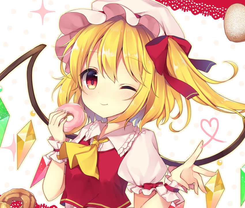 1girl ;) absurdres ascot bangs beige_outline blonde_hair blush bow commentary_request crystal doughnut eyebrows_visible_through_hair flandre_scarlet food frilled_shirt_collar frills hair_bow hands_up hat heart heart_of_string highres holding holding_food lace_trim looking_at_viewer mob_cap one_eye_closed one_side_up outline pastry polka_dot polka_dot_background puffy_short_sleeves puffy_sleeves red_bow red_eyes red_vest ruhika shirt short_hair short_sleeves smile solo touhou upper_body vest white_background white_headwear white_shirt wings wrist_cuffs yellow_neckwear