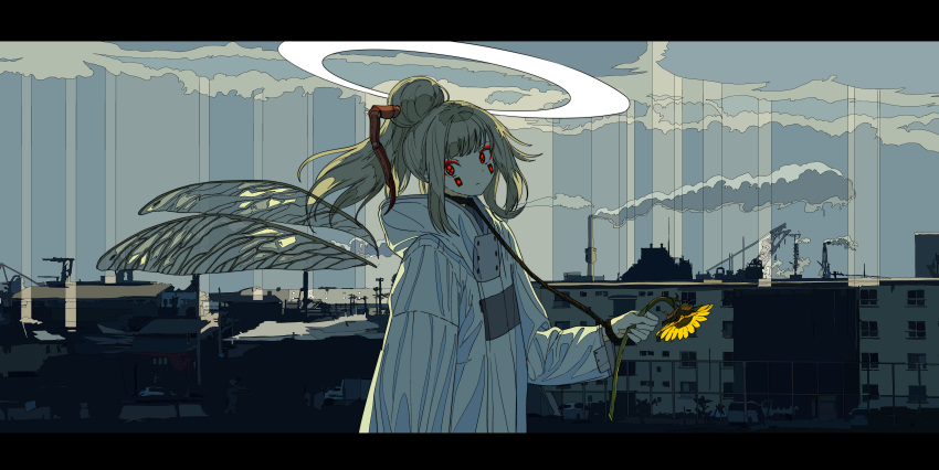 1girl absurdres blonde_hair building chimney cityscape cloud commentary_request crane flower glowing glowing_eyes hair_bun halo head_tilt high_ponytail highres holding holding_flower hood hood_down hoodie huge_filesize incredibly_absurdres insect_girl insect_wings kogecha_(coge_ch) letterboxed long_hair long_sleeves original ponytail red_eyes sidelocks smoke solo sunflower transparent_wings upper_body white_hoodie wide_sleeves window wings yellow_flower