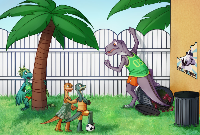 absurd_res clothing dinosaur don_bluth football_(disambiguation) guido hi_res hyp ichy lizzie palm_tree reptile scalie shorts skitter soccer sport the_land_before_time topazice tree uniform