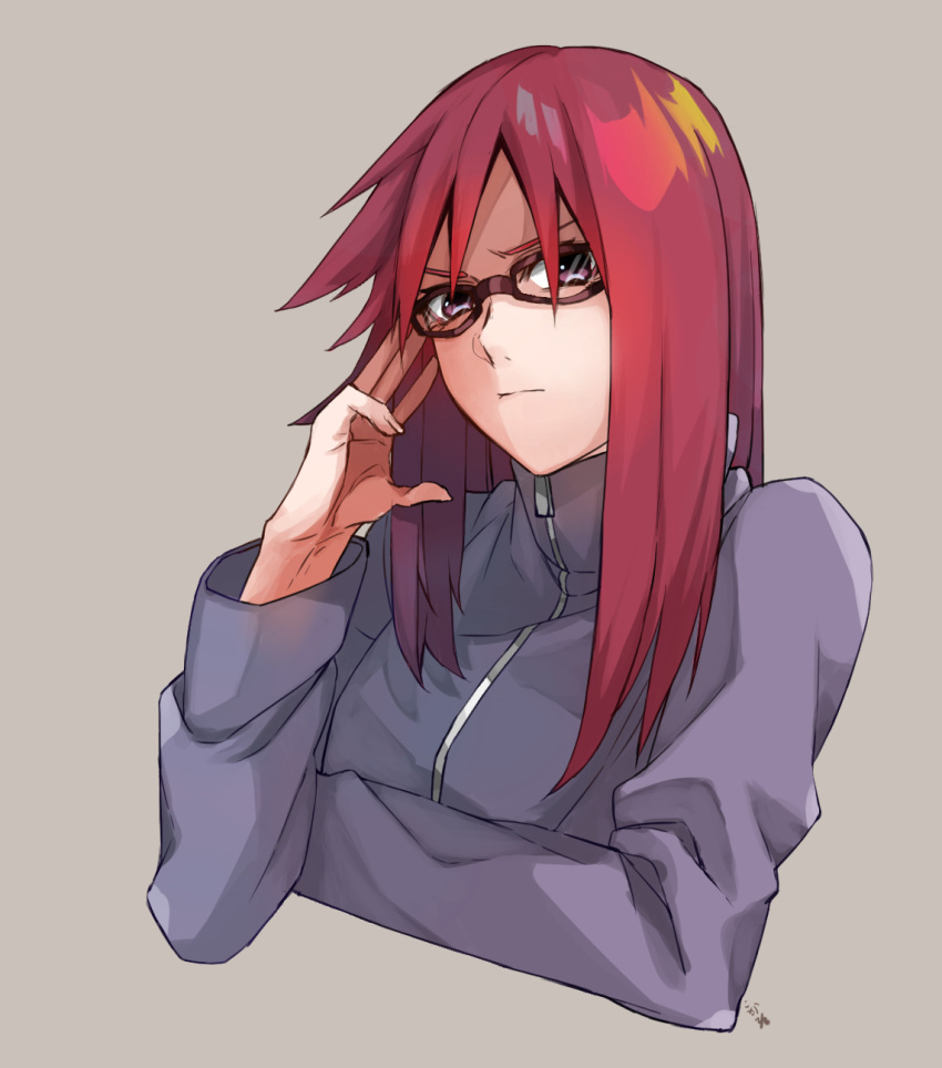 1girl adjusting_eyewear black-framed_eyewear cropped_torso grey_background highres karin_(naruto) kogeta_kaori long_hair long_sleeves looking_at_viewer naruto_(series) naruto_shippuuden purple_sweater red_hair simple_background solo sweater turtleneck turtleneck_sweater