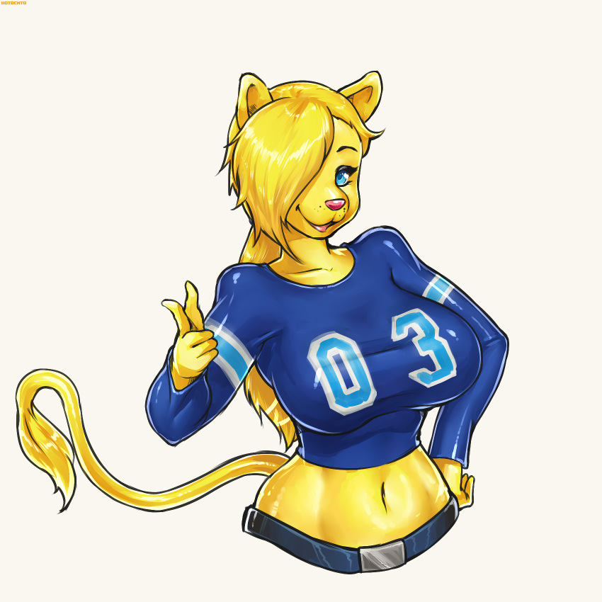 2019 5_fingers anthro big_breasts blonde_hair blue_eyes breasts clothed clothing digital_media_(artwork) felid feline felis female fur hair hi_res hotbento kristy_winters_(lildredre) lion long_hair looking_at_viewer mammal navel open_mouth pantherine simple_background smile solo standing tongue wide_hips