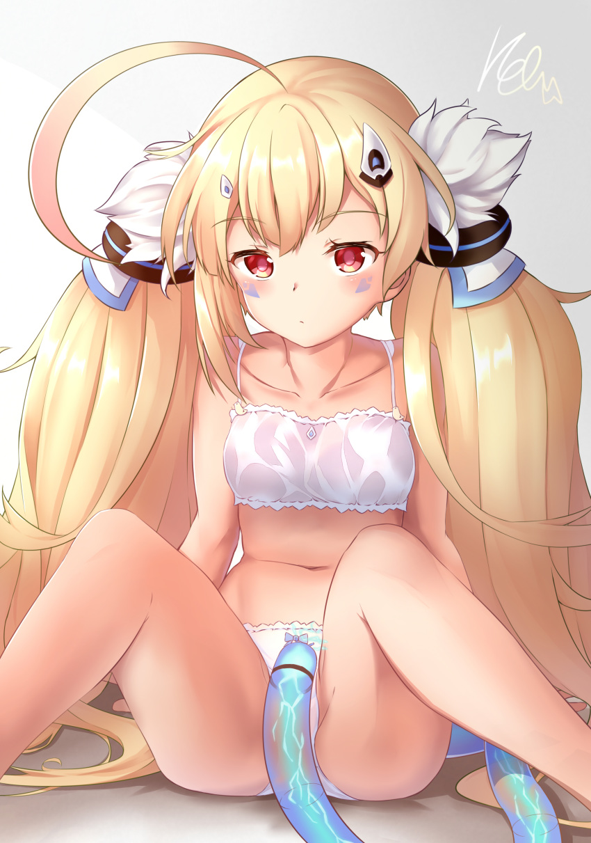 1girl absurdres ahoge ass azur_lane bangs bare_arms bare_legs bare_shoulders bikini blonde_hair breasts collarbone eldridge_(azur_lane) electricity facial_mark hair_ornament highres knees_up long_hair looking_at_viewer low_twintails navel pnt_(ddnu4555) red_eyes sidelocks signature sitting small_breasts solo stomach swimsuit tail thighs twintails very_long_hair white_bikini