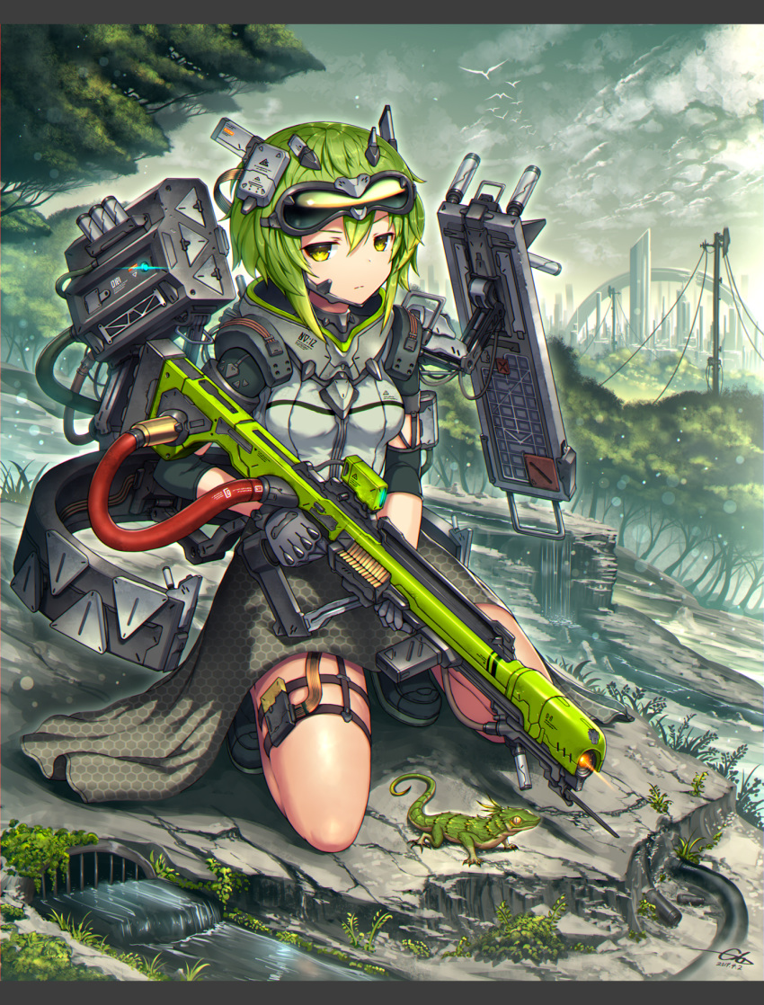 1girl bangs breasts city closed_mouth commentary_request day elbow_pads forest gia gloves goggles goggles_on_head green_hair gun headgear highres holding holding_gun holding_weapon kneeling lizard looking_at_viewer medium_breasts nature original outdoors railgun rifle short_hair short_sleeves sniper_rifle solo weapon yellow_eyes