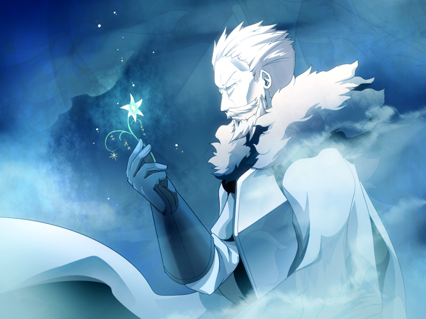 1boy aiden_the_holy_sword armor beard black_gloves blue_background blue_eyes cape cave facial_hair fantasy flower fur_trim gloves hkm0031_(shirokiri) holding holding_flower ice male_focus mustache old_man pixiv_fantasia pixiv_fantasia_last_saga serious standing upper_body white_cape white_hair