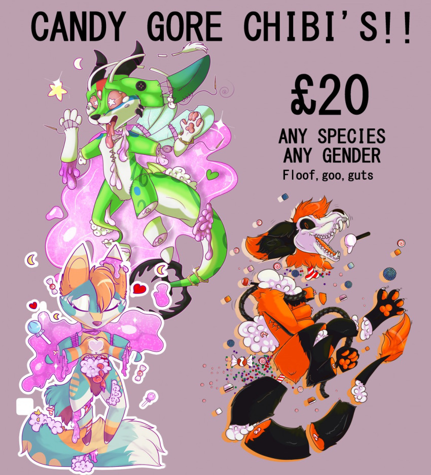 2019 advertisement anthro blood candy_gore chibi cure_(character) digital_media_(artwork) english_text female feral food fur gore grumpy_griffin_creations_(artist) guts hair hi_res intestines looking_at_viewer male open_mouth simple_background smile solo teeth text tongue