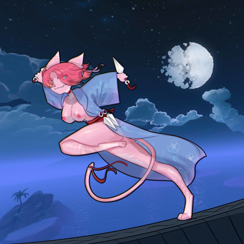 absurd_res action_pose anthro breasts clothing digitigrade domestic_cat edit felid feline felis female fur hair hi_res holding_object holding_weapon knife maeve_(paladins) mammal milkiii100 moon night nipples outside paladins pink_fur pink_hair pose ribbons running smile solo star tail_ribbon translucent_hair tree water weapon