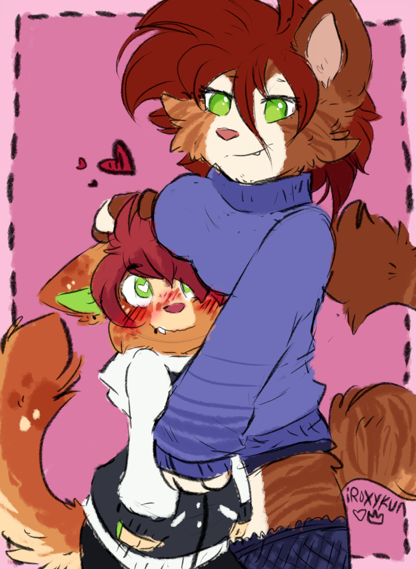 &lt;3 &lt;3_eyes 2019 absurd_res alexander_mayvin anthro big_breasts blush boob_hat breasts breasts_on_face brother brother_and_sister clothed clothing digital_media_(artwork) domestic_cat duo ear_piercing felid feline felis female fur hair half-closed_eyes headpat hi_res hoodie iroxykun jasey_rae_mayvin male male/female mammal panties piercing sibling sister size_difference smile standing sweater underwear