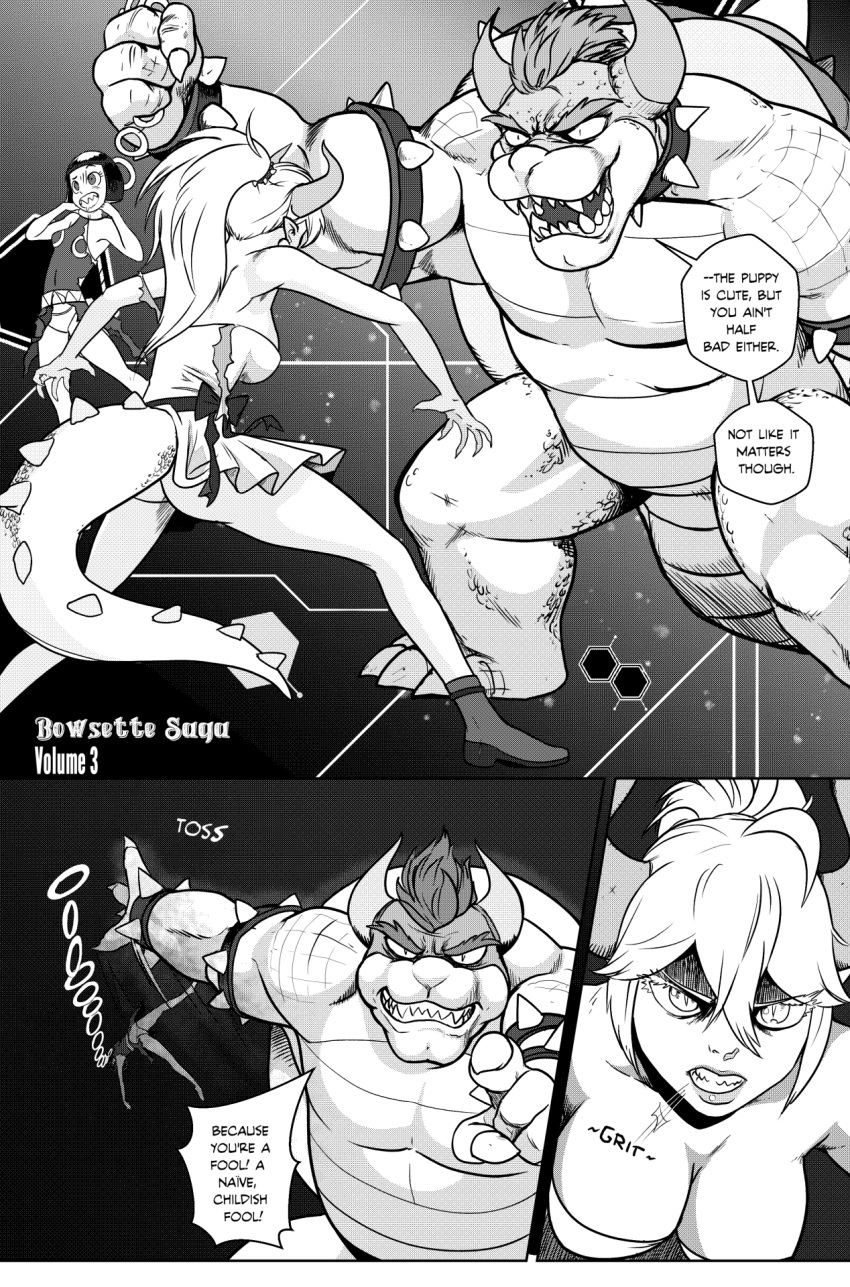 2019 alternate_species animal_humanoid big_breasts bowser bowsette_meme breasts chain_chomp clothing comic crossgender dialogue female hi_res horn horned_humanoid humanoid koopa male mario_bros nintendo panties pencils_(artist) scalie super_crown underwear video_games