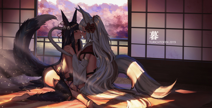 2019 2girls animal_ears artist_name bangs bell black_hair black_legwear blue_eyes blush breasts commentary_request day detached_sleeves erune eye_contact eyebrows_visible_through_hair flower fox_ears fox_girl fox_tail french_kiss fur_trim granblue_fantasy hair_bell hair_flower hair_ornament hair_ribbon hand_on_another's_shoulder high_ponytail highres indoors jewelry jingle_bell kiss large_breasts long_hair long_sleeves looking_at_another multiple_girls ponytail profile red_eyes red_flower red_ribbon ribbon ring saliva saliva_trail silver_hair sitting smile socie_(granblue_fantasy) sunlight tail tail_raised tongue tongue_out tree very_long_hair wariza white_sleeves wide_sleeves yuel_(granblue_fantasy) yuri yurichtofen