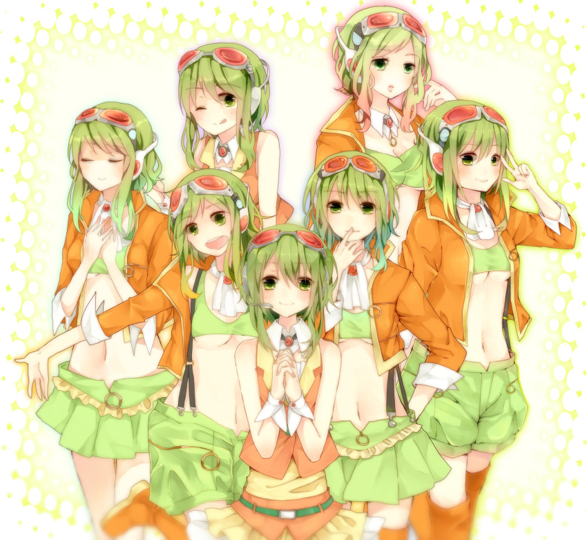 6+girls amulet boots breasts clone commentary crop_top expressions eyes_closed finger_to_mouth goggles goggles_on_head green_eyes green_hair green_shorts green_skirt gumi hands_clasped headphones headset highres jacket jewelry knee_boots lips looking_at_viewer medium_breasts midriff multiple_girls navel neckerchief orange_footwear orange_jacket orange_shirt own_hands_together ring shiki_hinako shirt short_hair_with_long_locks shorts skirt small_breasts smile suspender_shorts suspender_skirt suspenders tongue tongue_out underboob vocaloid w wrist_cuffs