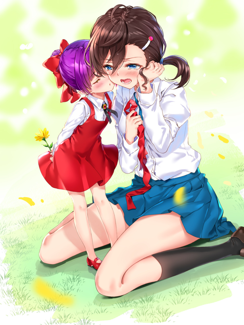 2girls bangs black_legwear blue_eyes blue_neckwear blue_skirt blurry blurry_background blush bow brown_footwear brown_hair closed_mouth collared_shirt commentary_request depth_of_field dress dress_shirt eyebrows_visible_through_hair eyes_closed flower gegege_no_kitarou hair_between_eyes hair_bow hair_ornament hairclip hands_up highres holding holding_flower inuyama_mana kneehighs loafers long_sleeves mary_janes multiple_girls necktie nekomusume nekomusume_(gegege_no_kitarou_6) petals pleated_skirt pointy_ears ponytail purple_hair red_bow red_dress red_footwear red_ribbon ribbon school_uniform shirt shoes sitting size_difference skirt sleeveless sleeveless_dress standing swordsouls tears wariza white_shirt yellow_flower yuri