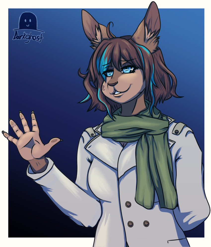 2019 5_fingers absurd_res anthro blue_eyes blue_highlights brown_fur brown_hair clothed clothing darkghost digital_media_(artwork) female fur hair hi_res highlights lagomorph long_hair mammal peacoat rabbit scarf simple_background smile solo standing