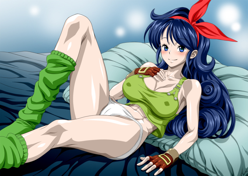 1girl bare_shoulders bed belt blue_eyes blue_hair blush breasts cameltoe cleavage curly_hair dragon_ball erect_nipples fingerless_gloves gloves gradient gradient_background green_tank_top groin hair_ribbon hand_on_own_chest large_breasts leg_up legs long_hair looking_at_viewer loose_socks lunch_(dragon_ball) lying matching_hair/eyes midriff nel-zel_formula on_bed panties pillow ribbon simple_background sleeveless smile solo tank_top thighs underwear white_panties