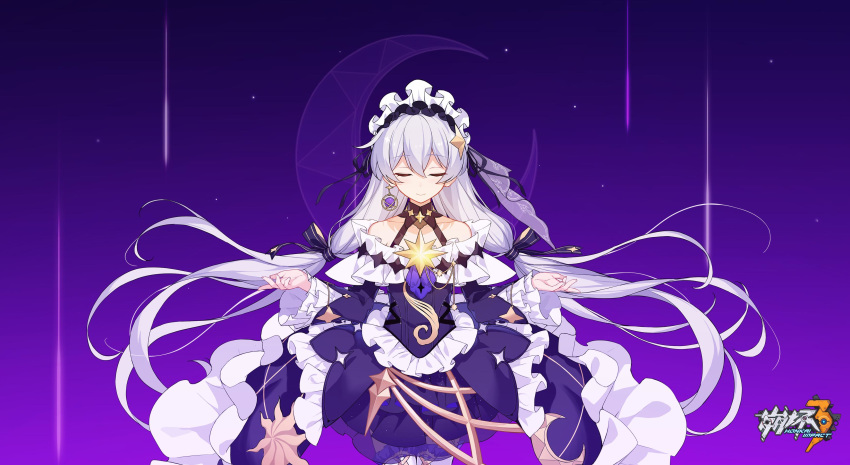 1girl absurdres alternate_costume bangs bare_shoulders boots breasts cici crescent dress eyebrows_visible_through_hair facing_viewer frilled_dress frills gradient gradient_background hair_between_eyes hair_ornament hair_ribbon hands_up headdress highres honkai_(series) honkai_impact_3 jewelry layered_dress logo long_hair low_twintails off-shoulder_dress off_shoulder official_art purple_background purple_ribbon ribbon silver_hair single_earring smile solo star star_hair_ornament theresa_apocalypse thigh_boots thighhighs twintails veil