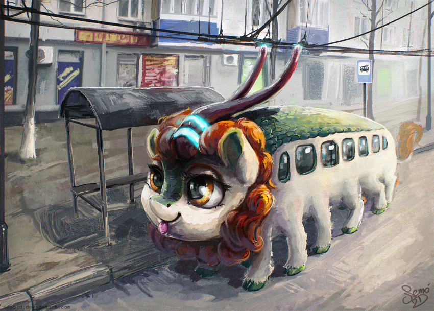 2019 alternate_species autumn_blaze_(mlp) building bus city friendship_is_magic living_machine machine my_little_pony nemo2d outside solo tongue tongue_out vehicle