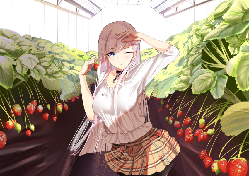 1girl azur_lane bangs belfast_(azur_lane) blocking blouse blue_eyes blush braid breasts brown_skirt casual chains collar collarbone day eyebrows_visible_through_hair food french_braid fruit greenhouse hand_up highres holding holding_food large_breasts long_hair looking_at_viewer one_eye_closed open_mouth pantyhose plaid plaid_skirt schreibe_shura silver_hair skirt solo strawberry white_blouse