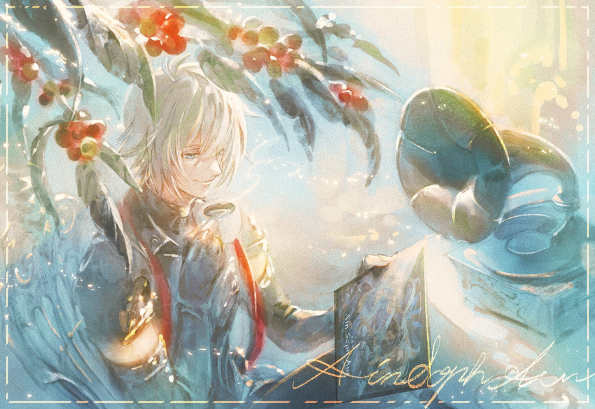 blue_eyes coffee coffee_mug coffee_tree cup granblue_fantasy lucifer_(shingeki_no_bahamut) male_focus minaba_hideo mug official_art phonograph plant sandalphon_(granblue_fantasy) sitting smile white_hair