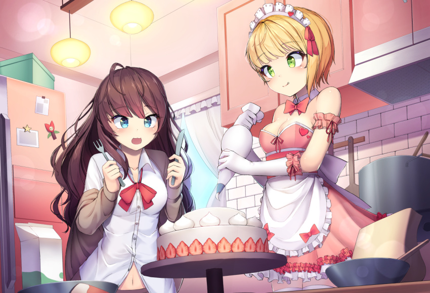 2girls ahoge apron bangs bare_shoulders blonde_hair blue_eyes blush bow breasts brown_hair brown_jacket cake cleavage commentary dot_nose dress eyebrows_visible_through_hair food fork fruit gloves green_eyes heart holding ichinose_shiki idolmaster idolmaster_cinderella_girls idolmaster_cinderella_girls_starlight_stage indoors jacket kitchen knife lamp long_hair long_sleeves maid maid_dress maid_headdress medium_breasts messy_hair milk_carton miyamoto_frederica multiple_girls navel off_shoulder pink_dress raizen_(jung_0000) red_bow red_heart red_neckwear shirt short_hair short_sleeves sleeveless smile strapless strawberry thighhighs tongue tongue_out upper_body white_apron white_gloves white_headdress white_legwear white_shirt