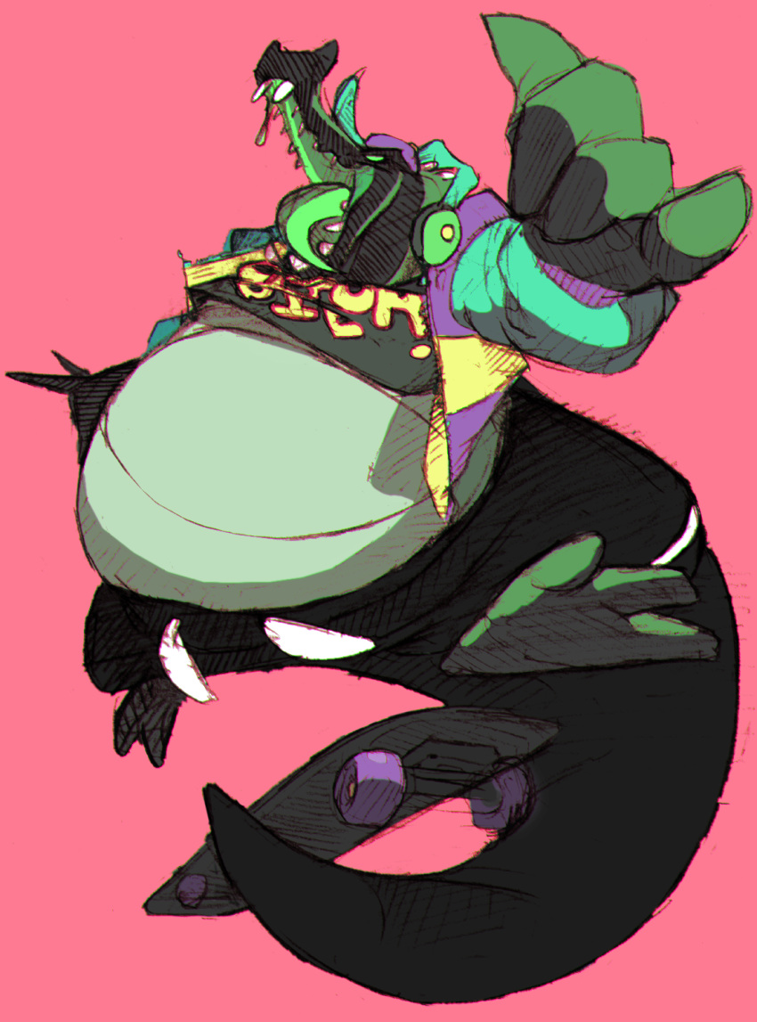 alligator anthro belly big_belly clothed clothing crocodilian gater-boi grin hat headphones hi_res male open_mouth overweight overweight_male pink_background reptile scalie simple_background skateboard skateboarding smile solo stu-the-aggron sturaptor super_fatty_rpg tongue tongue_out