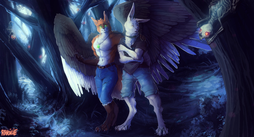 2019 5_fingers anthro avian barefoot canid canine clothed clothing detailed_background digital_media_(artwork) digitigrade feathers forest fox fur grass green_eyes hi_res hybrid lagomorph male mammal orange_fur rabbit ravoilie standing topless tree wings