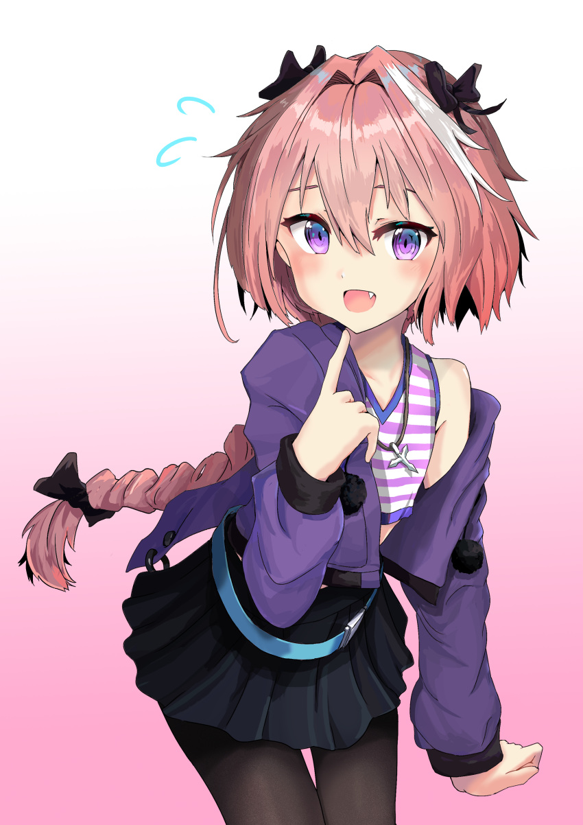 1boy absurdres astolfo_(fate) black_bow black_legwear black_skirt blue_eyes blush bow commentary_request eyebrows_visible_through_hair fang fate/apocrypha fate/grand_order fate_(series) hair_between_eyes hair_bow highres jacket jtleeklm long_sleeves looking_at_viewer off_shoulder pantyhose pink_hair pleated_skirt pointing pointing_at_self ponytail purple_jacket shirt simple_background skirt solo striped striped_shirt trap