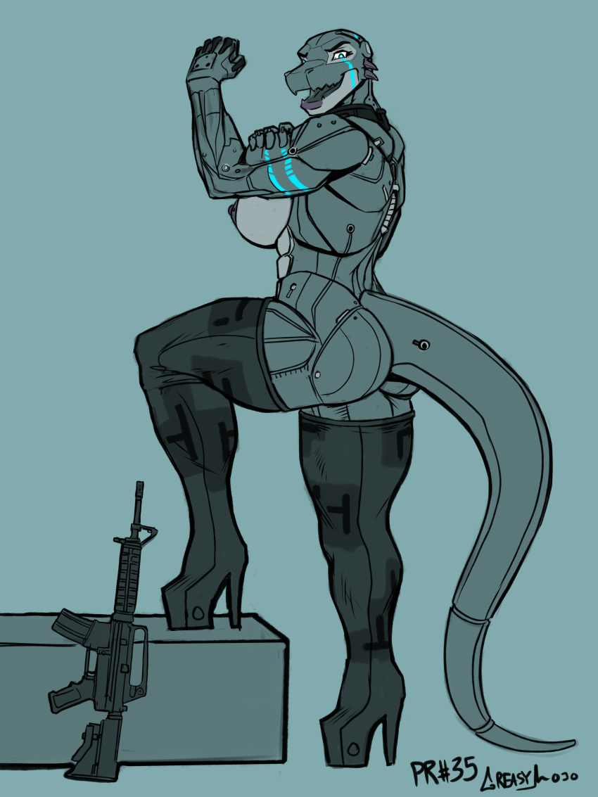 2018 abs absurd_res android anthro assault_rifle bald biceps big_breasts big_lips breasts butt clothed clothing collar digital_media_(artwork) female flexing footwear greasymojo gun hand_on_arm hi_res high_heels horn legwear lips looking_at_viewer machine mostly_nude muscular muscular_female nipples open_mouth pinup platform_footwear platform_heels pose proud ranged_weapon reptile rifle robot scalie shoes simple_background solo standing step_pose tattoo teeth thick_thighs thigh_highs tongue trenco viktura_(beyxer) weapon