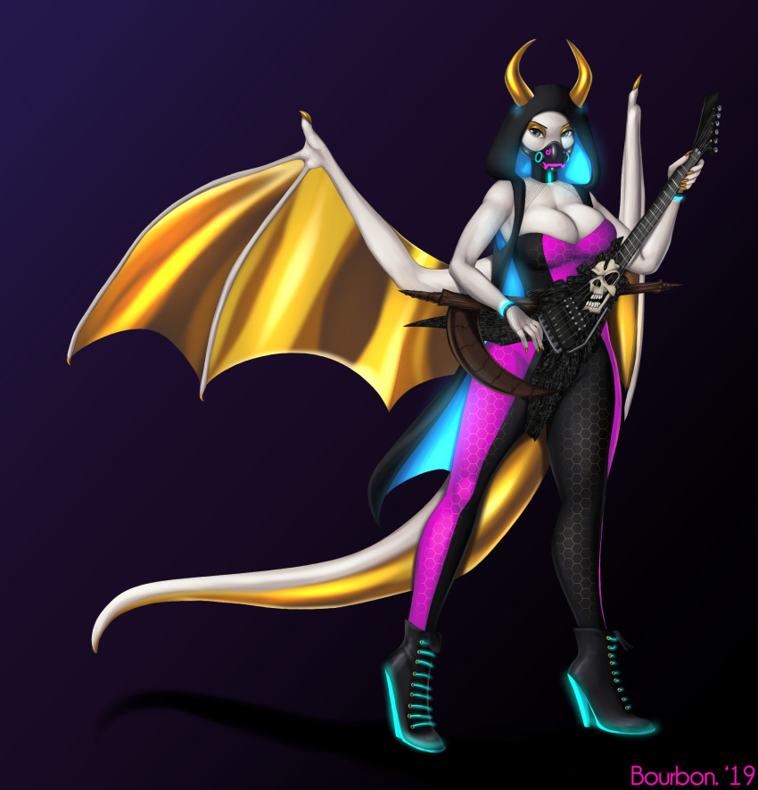 anthro bourbon._(artist) breasts clothed clothing dragon female footwear gas_mask guitar hi_res high_heels horn looking_at_viewer mask musical_instrument shoes solo standing wings