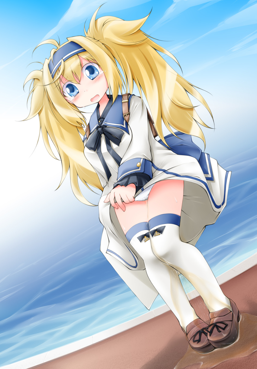 1girl absurdres anbee_(arary) backpack bag bangs black_neckwear black_ribbon blonde_hair blue_eyes blue_hairband blue_sailor_collar blue_sky blush breasts brown_footwear cameltoe cloud crying day dress dutch_angle embarrassed eyebrows_visible_through_hair female full_body gambier_bay_(kantai_collection) hairband highres kantai_collection long_hair long_sleeves messy_hair neck_ribbon ocean open_mouth outdoors panties peeing peeing_self pigeon-toed puddle ribbon sailor_collar shiny shiny_hair shoes sky small_breasts smile solo standing tears textless thighhighs tied_hair twintails underwear water wet wet_clothes wet_panties white_dress white_legwear white_panties