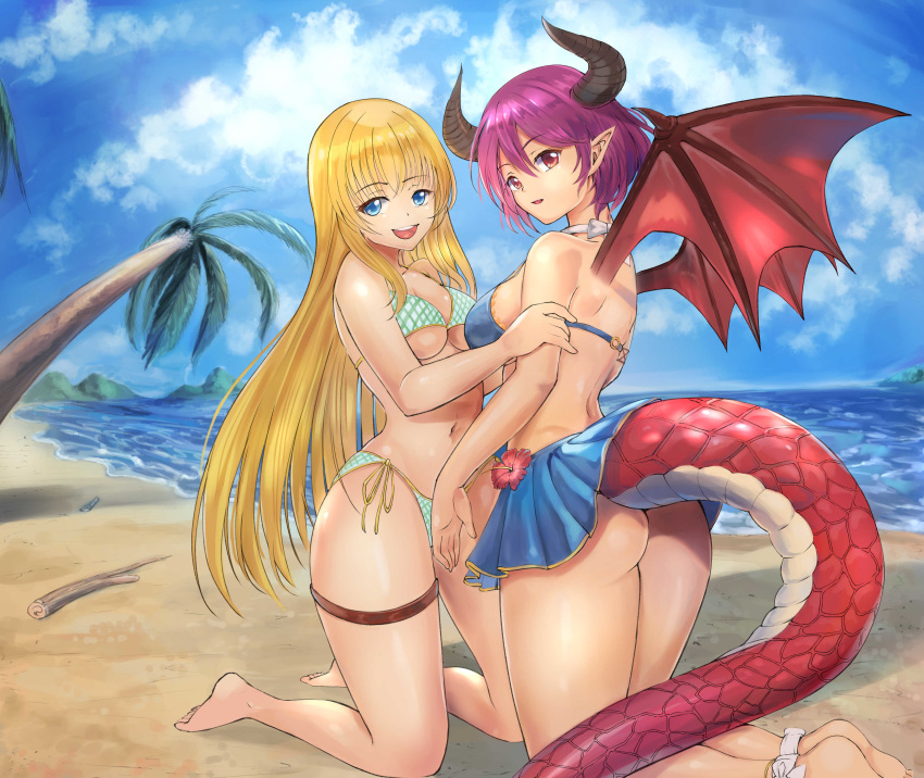 2girls absurdres anne_(shingeki_no_bahamut) ass bikini bikini_skirt blonde_hair blue_bikini blue_eyes blush breasts dragon_girl dragon_horns dragon_tail dragon_wings granblue_fantasy grea_(shingeki_no_bahamut) green_bikini highres horns large_breasts looking_at_viewer manaria_friends multiple_girls navel ocean open_mouth outdoors palm_tree purple_hair red_eyes shingeki_no_bahamut shiny shiny_hair shiny_skin short_hair side-tie_bikini sky smile swimsuit swimwear tail tree user_fpmv2455 wings