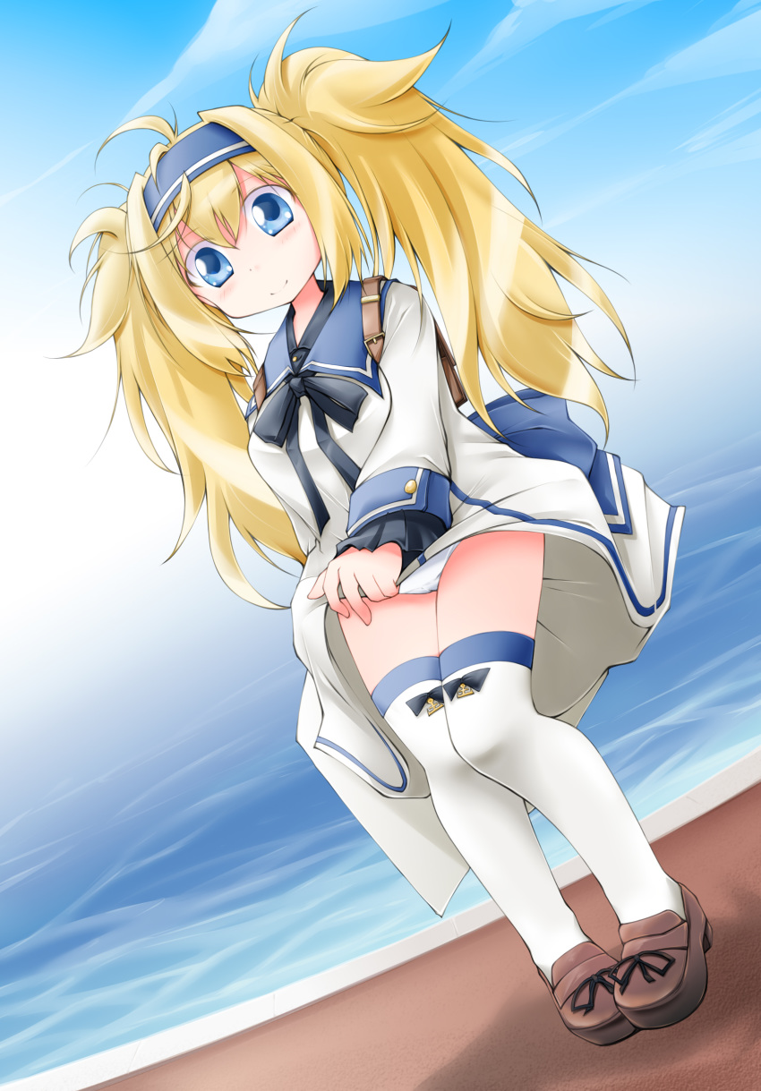 1girl absurdres anbee_(arary) backpack bag bangs black_neckwear black_ribbon blonde_hair blue_eyes blue_hairband blue_sailor_collar blue_sky blush breasts brown_footwear cameltoe closed_mouth cloud day dress dutch_angle eyebrows_visible_through_hair female full_body gambier_bay_(kantai_collection) hairband happy highres kantai_collection light_blush long_hair long_sleeves messy_hair neck_ribbon ocean outdoors panties pigeon-toed ribbon sailor_collar shiny shiny_hair shoes sky small_breasts smile solo standing thighhighs tied_hair twintails underwear water white_dress white_legwear white_panties