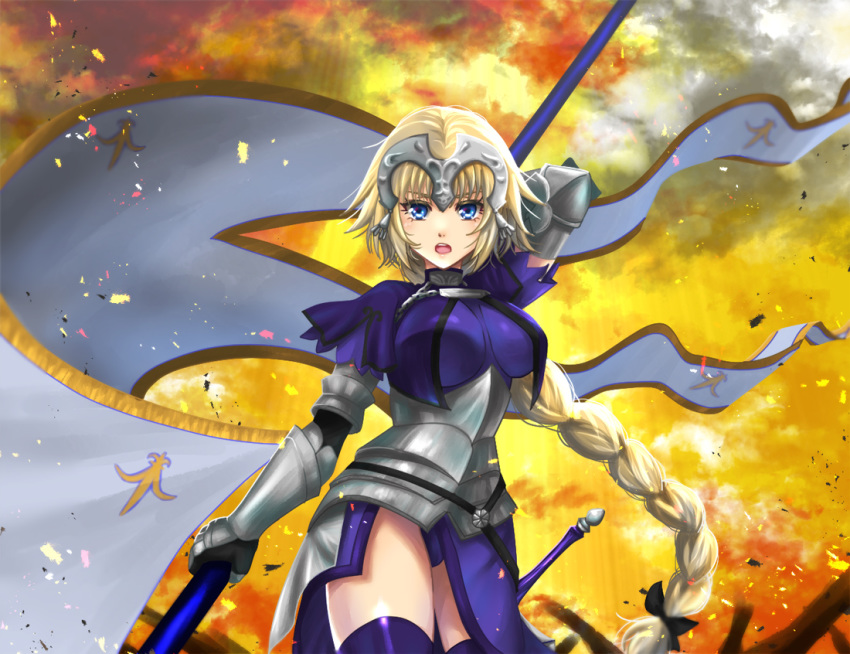 1girl armor armored_dress banner black_bow blonde_hair blue_dress blue_eyes blue_legwear blue_panties bow braided_ponytail chi_wa cloud cowboy_shot dress fate/apocrypha fate_(series) faulds floating_hair gauntlets hair_bow holding jeanne_d'arc_(fate) jeanne_d'arc_(fate)_(all) long_hair looking_at_viewer open_mouth panties sheath sheathed solo sunlight sword thighhighs underwear very_long_hair weapon yellow_sky