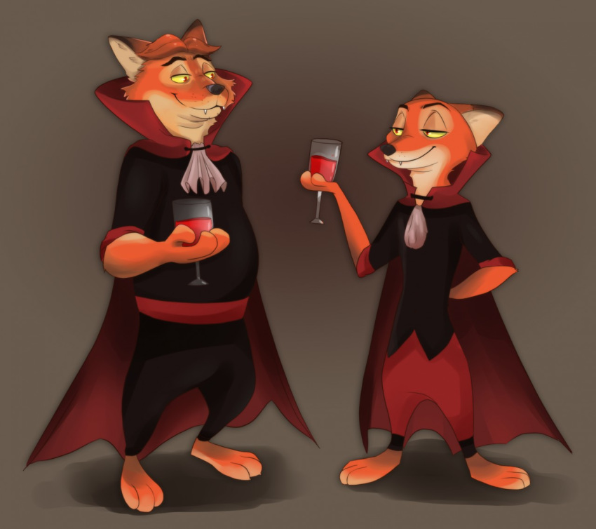 2019 anthro black_nose canid canine cape clothed clothing disney fangs fox fur gideon_grey mammal nick_wilde red_eyes red_fox rin_tyan simple_background vampire wine_glass zootopia