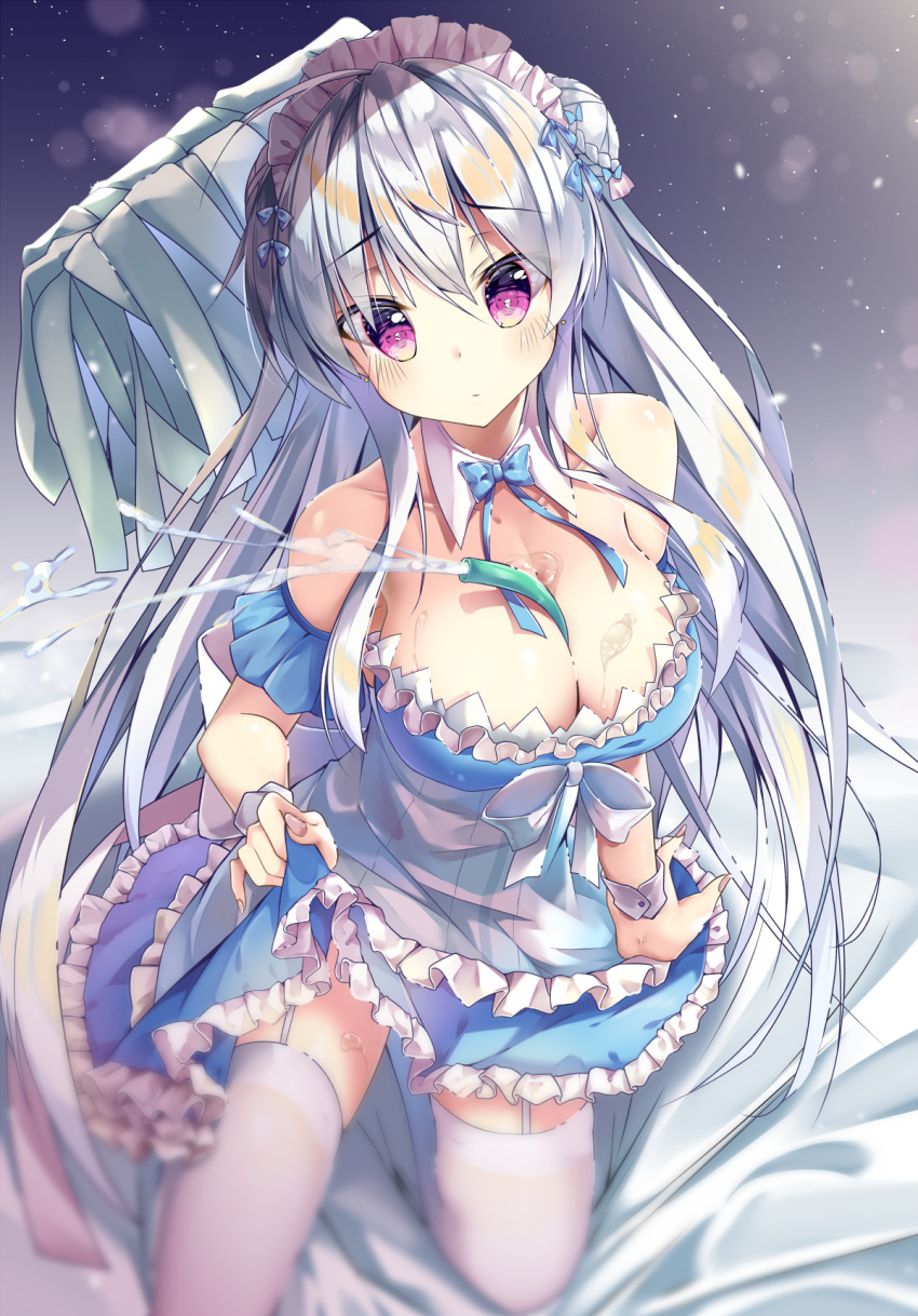 1girl alternate_costume azur_lane between_breasts blurry breasts cleavage cygnet_(azur_lane) depth_of_field dress dress_shirt enmaided garter_straps hair_bun highres hose kneeling large_breasts long_hair maid manicure maritaki mop off_shoulder purple_eyes shirt solo thighhighs white_hair white_legwear wrist_cuffs